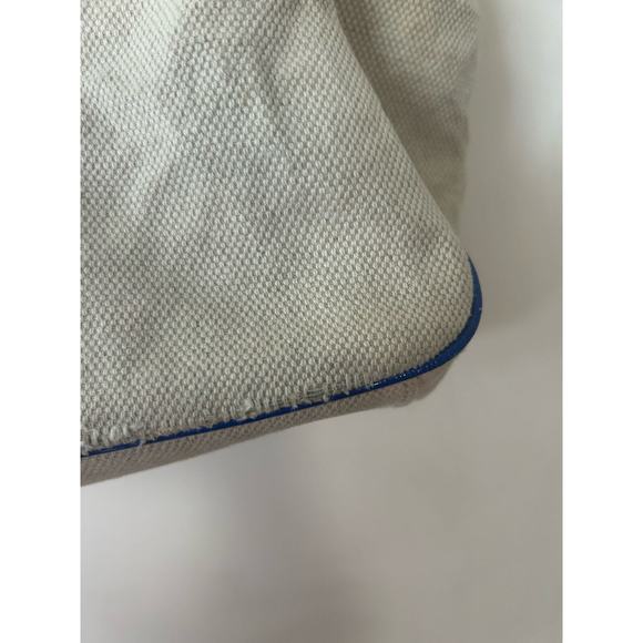 Tory Burch Canvas Tote Purse Bag Beach Beige Navy Blue w/ Gold Logo - Picture 11 of 11